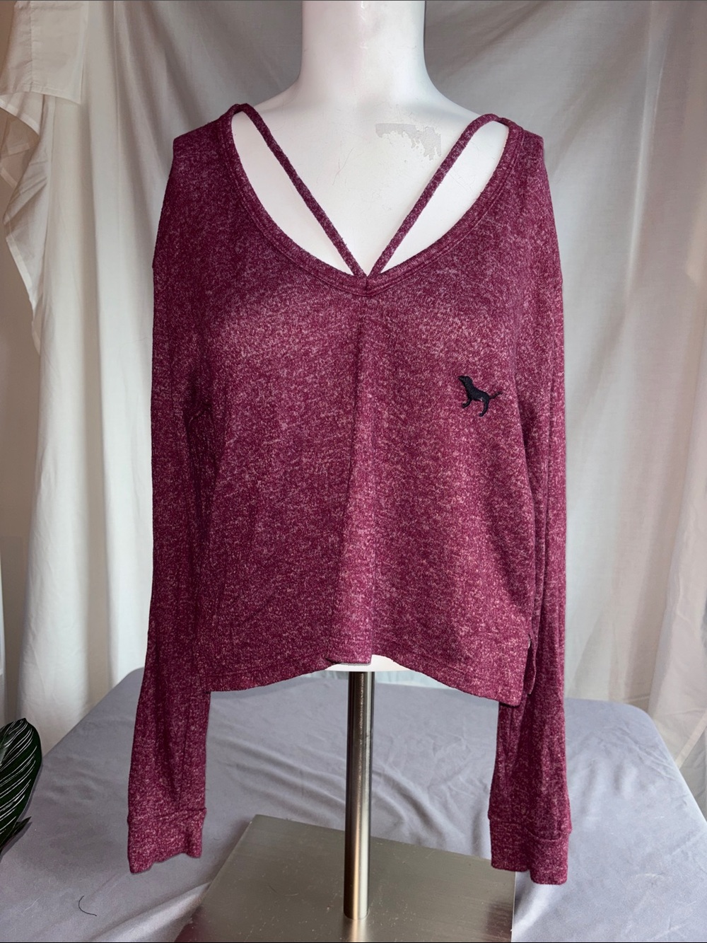 PINK Victoria's Secret Burgundy V‑Neck Strappy Long Sleeve Pullover
